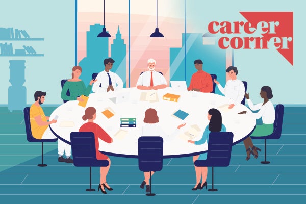 Illustration of people of various ages and ethnicities sitting at a large round table in an office with a floor to ceiling window and a cityscape beyond.