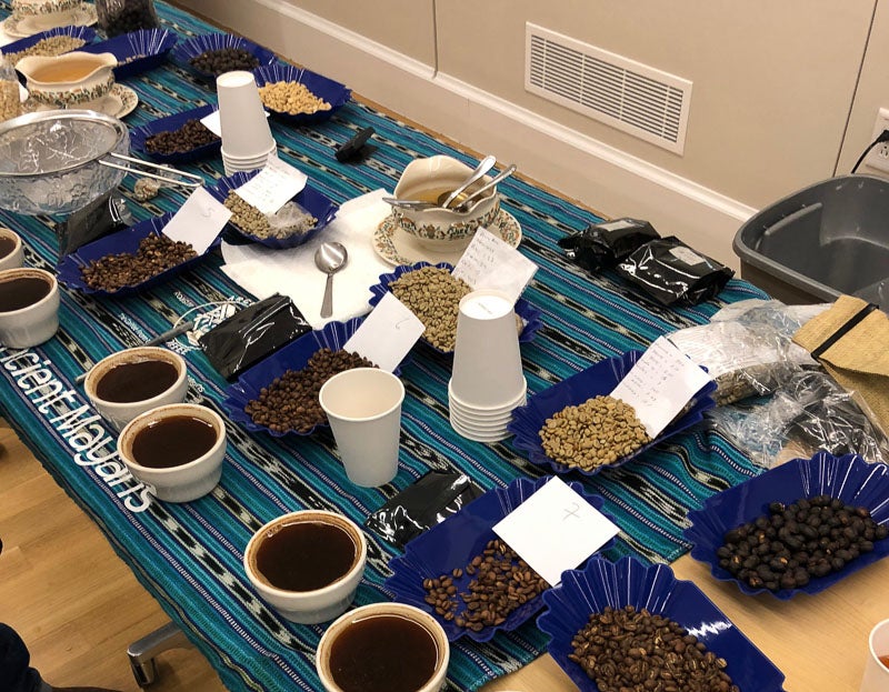Coffee, coffee beans, and products on the tasting table