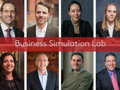 Photo of eight faculty member headshots that says Business Simulation Lab