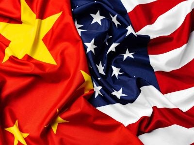 flags of the U.S. and China lying side by side.