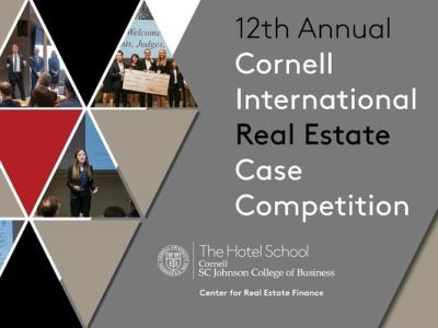 Title slide for Cornell International Real Estate Case Competition shows judges, winners, and students