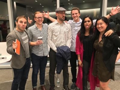 Cornell Tech student moderators post-discussion with Jason Goldman, the first White House chief digital officer and early team member at Twitter, Medium, and Blogger. Pictured, from left to right: Asher Rosenfeld, MBA ’17; Me; Jason Goldman; Jake Magid, CS ’18; Spriha Bhandari, LLM ’18; Emily Tseng, HT ’19.