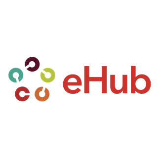Cornell eHub logo, consisting of multi-colored rounded chain links arranged in a pentagon on the left and the word eHub written in red san serif bold on the right