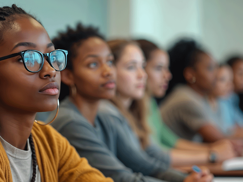 Students of various ethnicity in a row learning classroom setting