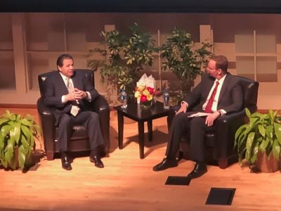 Photo of Dean Nelson and Mr. DAniello in conversation on stage