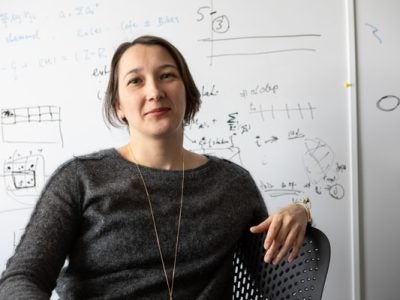 Elena Belavina in front of a whiteboard of calculations