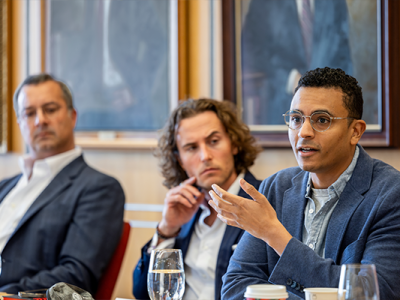 Picture featuring Jason Spillerman '92, P '25, Manging Partner and Founder of Vibrant Development Group, Bryan Siegel, Director of Guest Relations and Experience for LDV Hospitality, and Alex Sambvani, Co-Founder and CEO of Slang.ai