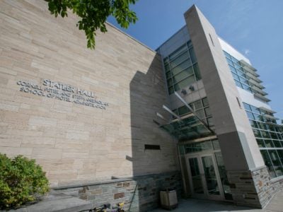 The exterior of Statler Hall, shot close to the entrance looking up toward blue sky.
