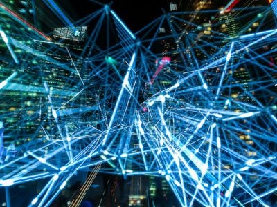 Abstract illustration of network, data, and cityscape