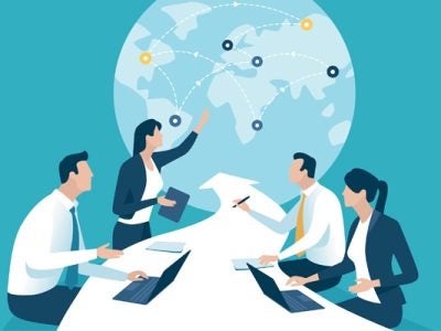 illustration of four people at a desk with a globe in the background.