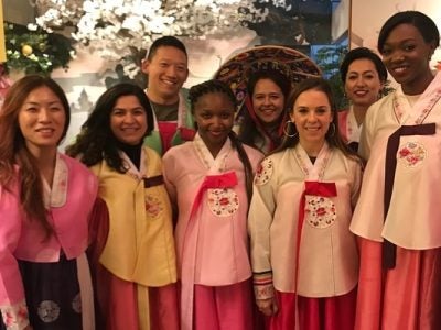 Students pose in traditional Korean ‘hanbok’ formal attire