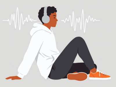Graphic of young man listening to music with headphones on