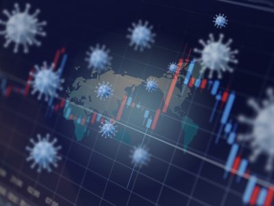 Illustration of economic charts, a map, and covid-19 virus