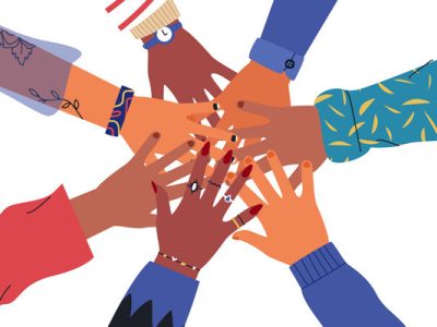 Illustration of 7 hands with a range of skin colors reaching out and meeting in the middle