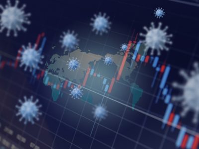 the coronavirus and the global economy. image of virus cells and market trend graph