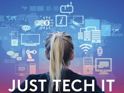 Woman looks at tech illustrations, Just Tech It