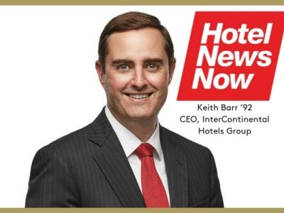 Headshot of Keith Barr with text overlay: Hotel News Now, Keith Barr ’92, CEO, InterContinental Hotels Group