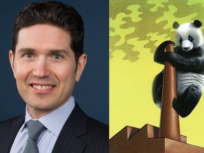 portrait of Professor Christopher Marquis next to an illustration of a panda trying to stop the flow of black smoke billowing out of a factory chimney