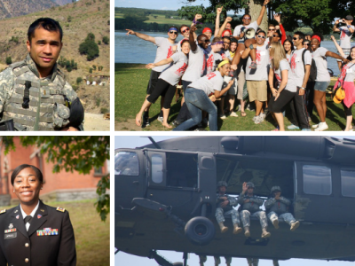 Collage of a group of students, two veterans, and a military helicopter