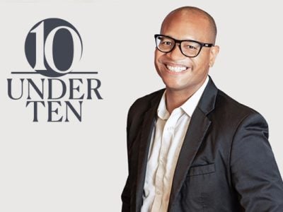 upper body photo of Morgan Jones with a white background and a graphic treatment of 10 Under 10 overlaid on the photo
