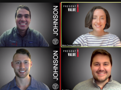 Four student leaders conduct a Board meeting over Zoom.