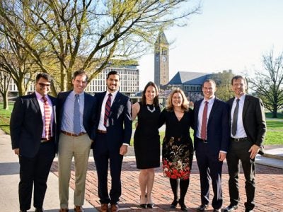 Photo of student organizers with faculty Last Lecture speakers. From left: Gautam Arora, MBA ’18; Professor Allan Filipowicz; Matheus Costa, MBA ’18; Lauren Dowler, MBA ’18; Professor Risa Mish; David Elman, MBA ’19; and Professor Bill Schmidt.