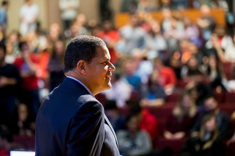 Reggie looks out to the audience