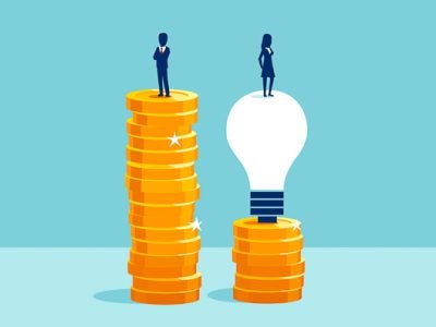 Illustration of a man and woman standing on coins