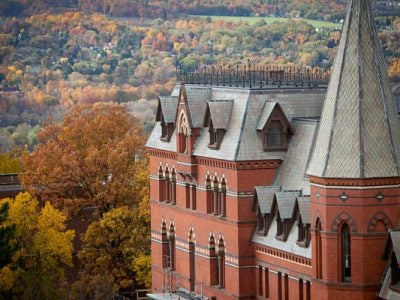Aerial photo of Sage Hall in autumn