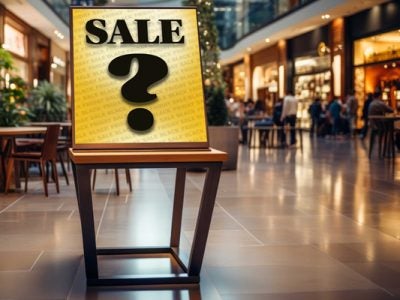A sign on an easel that reads sale, with a question mark.