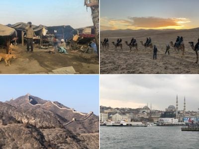 Four images: Village with tents, students riding camels, Great Wall of China, waterfront town