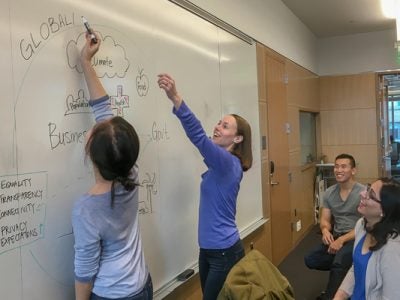 Students writing on whiteboard