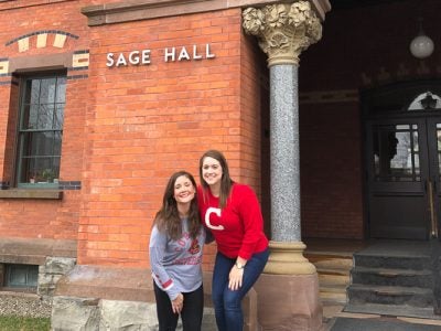 Allison and Anne outside of Sage Hall