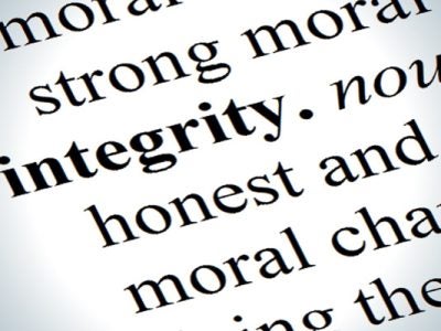 Photo of text that says: integrity, honest, moral character