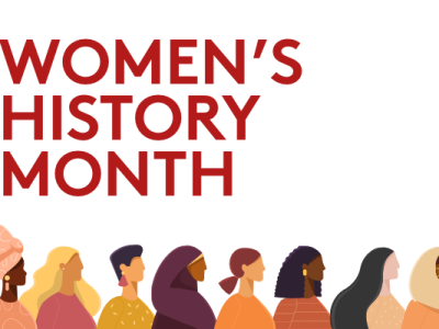 Women's History Month graphic featuring a line of diverse women across the bottom.