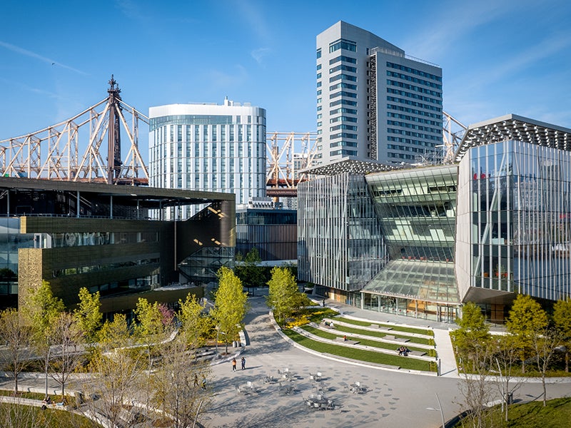 A skyline view of the Tata Innovation Center on Roosevelt Island, NYC.