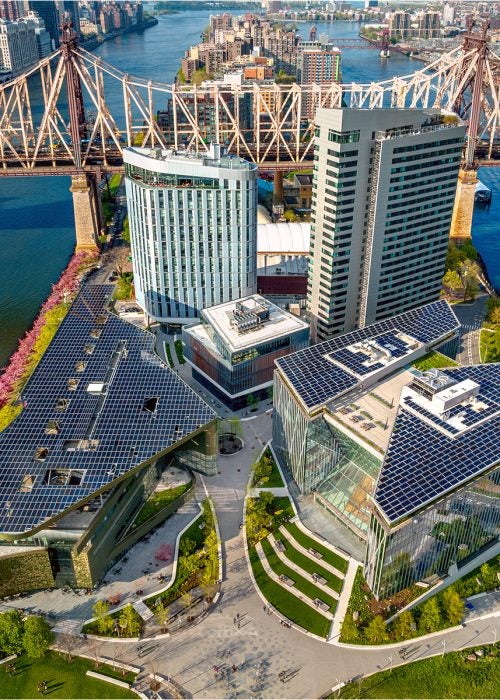 An aeriel view of the Cornell Tech Campus on Roosevelt Island in New York City.