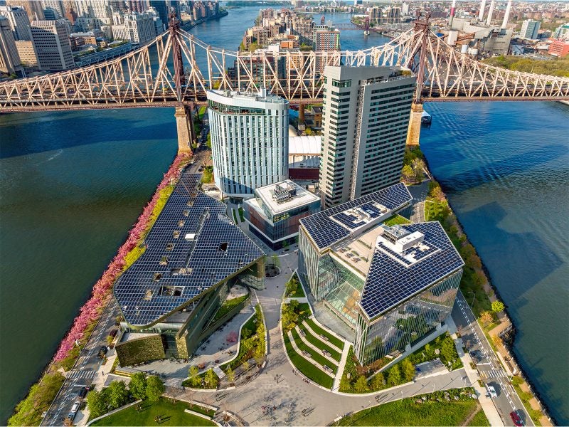 An aeriel view of the Cornell Tech Campus on Roosevelt Island in New York City.