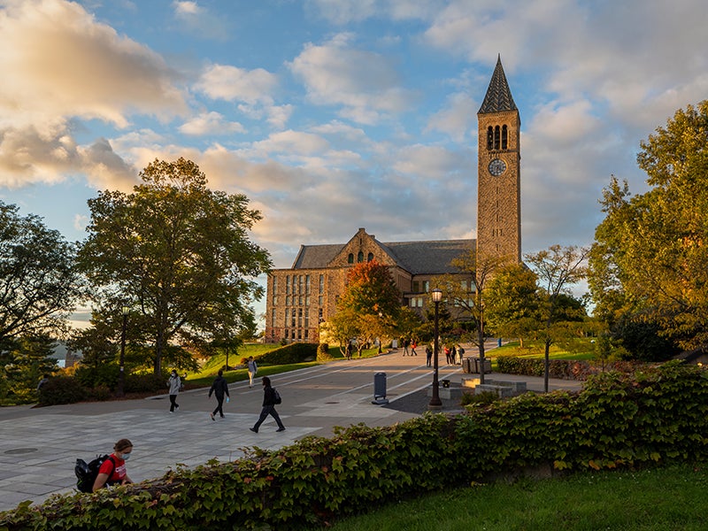 McGraw Tower on Cornell's Ithaca, NY campus at sunset.
