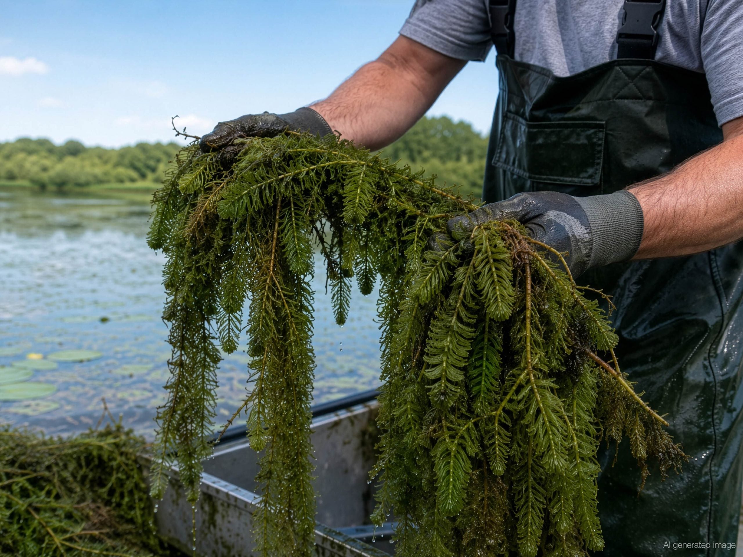 Researchers gather ceratophyllum demersum.