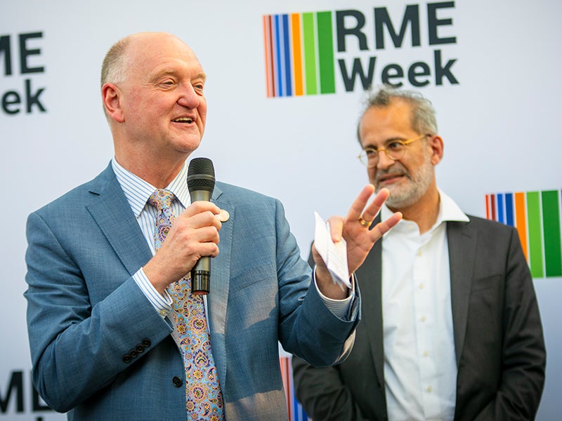 Andrew Karolyi speaking at the 2025 RME week reception at Cornell Tech.