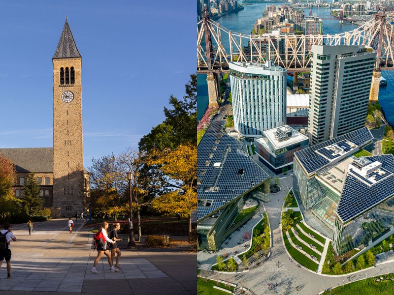 image showing Cornell campus tower and Cornell Tech campus