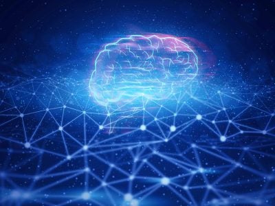 Illustration of a brain with a celestial background depicting ai