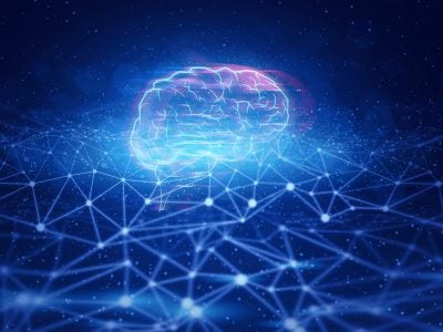 Illustration of a brain with a celestial background depicting ai