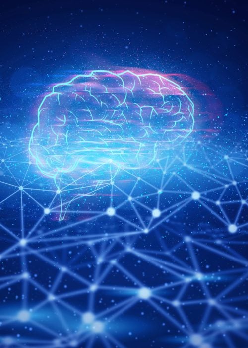 Illustration of a brain with a celestial background depicting ai