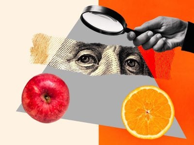 A collage style illustration showing a hand holding a magnifying glass above an apple and an orange.