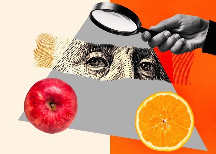 A collage style illustration showing a hand holding a magnifying glass above an apple and an orange.
