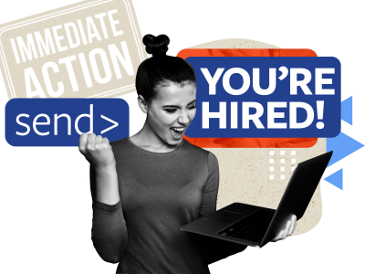 Illustration of an excited woman looking at a laptop with the words "you're hired" behind her.