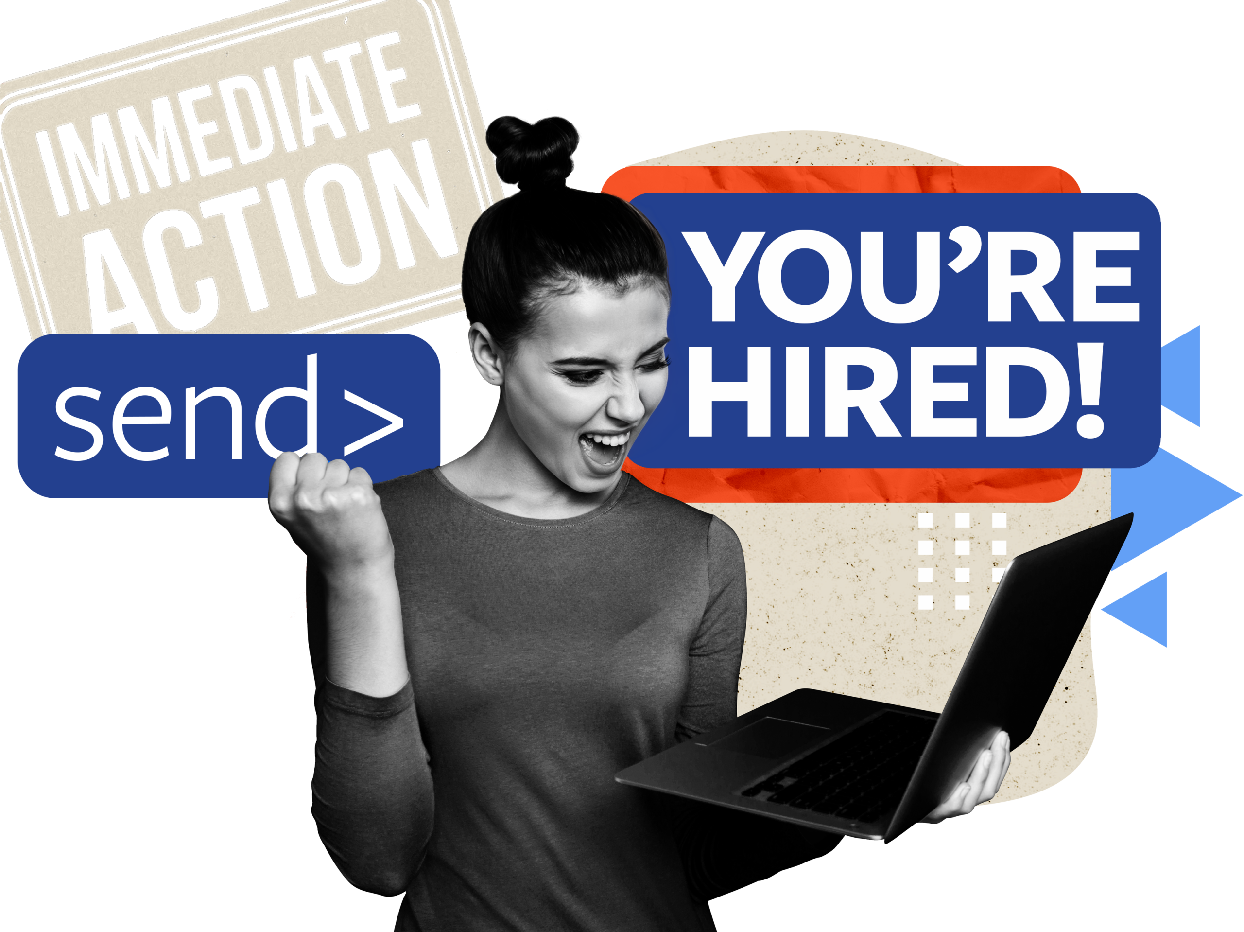 Illustration of an excited woman looking at a laptop with the words "you're hired" behind her.