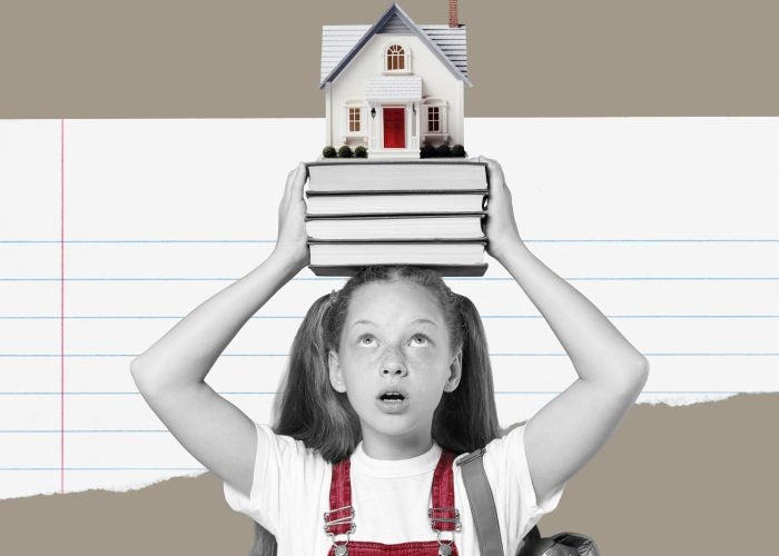 An illustration of a girl holding a stack of books and a house on her head.